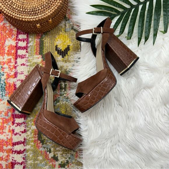 Kenneth Cole Brown Chunky Platform Dolly Suede & Croc Embossed Leather Sandal 8 - Picture 1 of 10